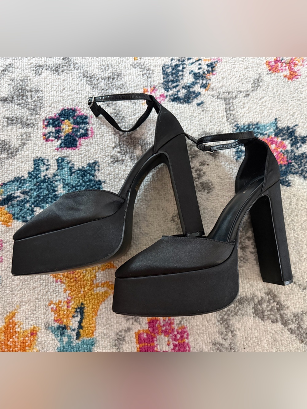 PrettyLittleThing Black Satin Platform Block Heel Sandals Ankle Strap See Size